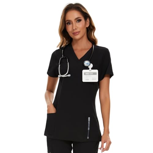 COZYFIT Scrub Tops for Woman - Soft Stretch, V-Neck Top Scrubs with 3 Pockets, Easy Care for Women Black - Image 3