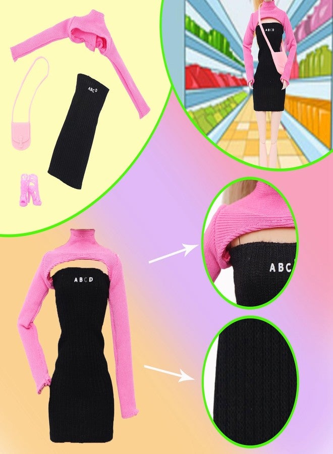 BLIJOLA 4 Sets Doll Clothes for 11.5 inch Girls Dolls, 11Pcs Summer Simple Black Dresses Style Outfits Including Shoes & Bags Clothing Accessories Sets - Image 4