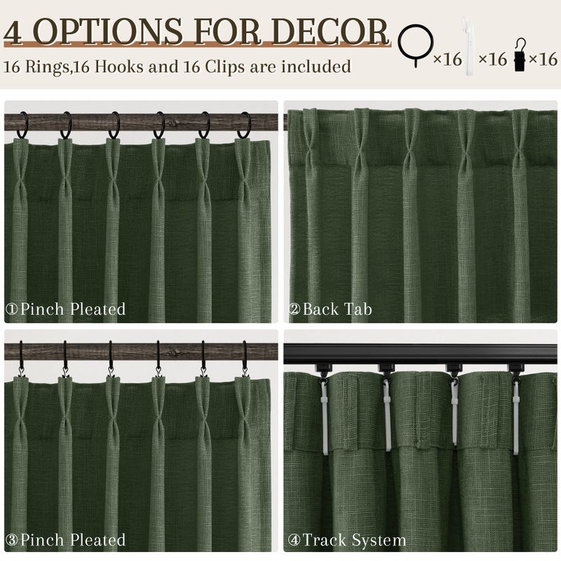 Joywell Olive Green Linen Pinch Pleated Curtains 84 Inches Long 2 Panels for Living Room, Thick Pleat Clip Rings Hooks Back Tab Light Filtering Loden Moss Green Window Drapes for Bedroom Sliding Glass Door - Image 4