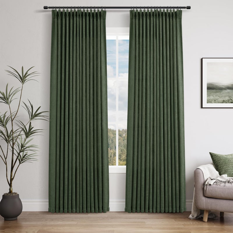 Joywell Olive Green Linen Pinch Pleated Curtains 84 Inches Long 2 Panels for Living Room, Thick Pleat Clip Rings Hooks Back Tab Light Filtering Loden Moss Green Window Drapes for Bedroom Sliding Glass Door - Image 1