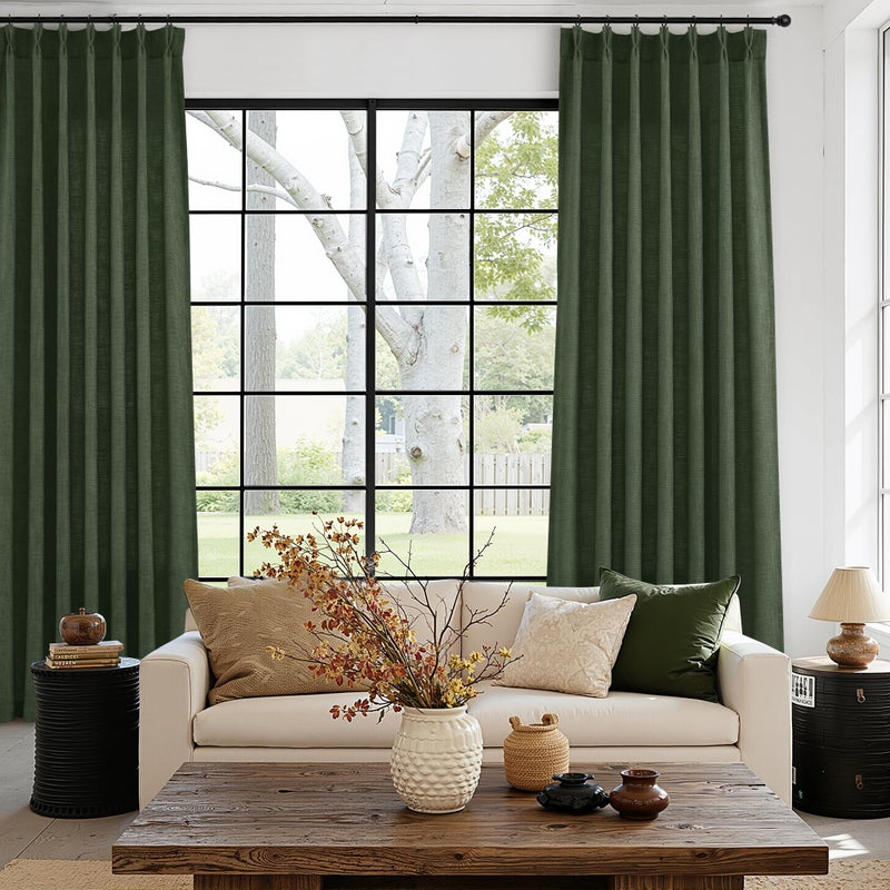 Joywell Olive Green Linen Pinch Pleated Curtains 84 Inches Long 2 Panels for Living Room, Thick Pleat Clip Rings Hooks Back Tab Light Filtering Loden Moss Green Window Drapes for Bedroom Sliding Glass Door - Image 2