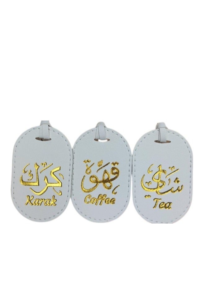 Bayti H.H. Selsela Leather Hanging Tags – Elegant Dallah Name Labels for Tea, Karak & Coffee Set B (White set of 3)