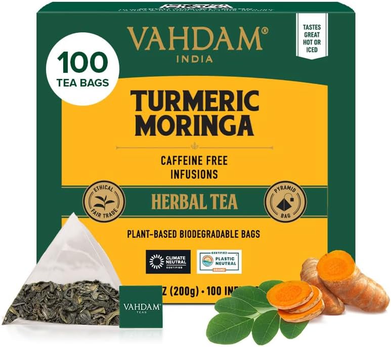 VAHDAM Turmeric Moringa Herbal Tea Bags - 100 Count, Caffeine Free, Non-GMO, Gluten Free - Image 1