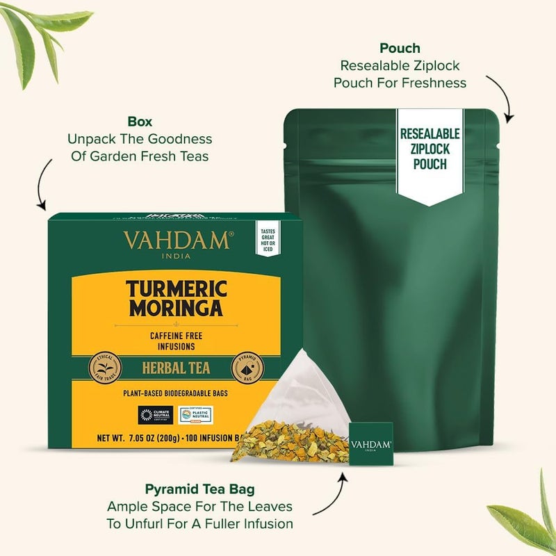 VAHDAM Turmeric Moringa Herbal Tea Bags - 100 Count, Caffeine Free, Non-GMO, Gluten Free - Image 3