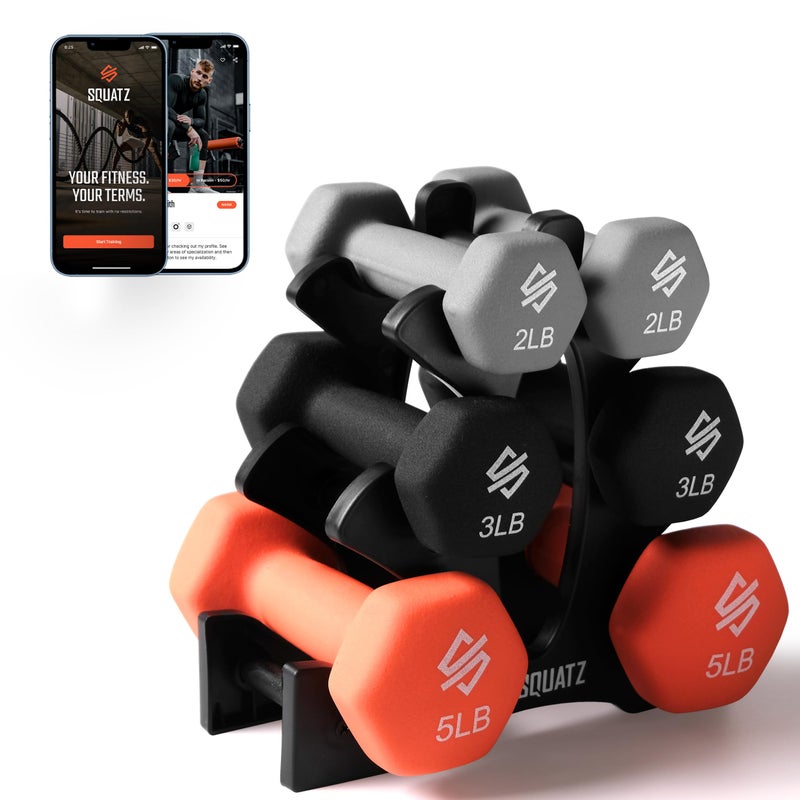 SQUATZ Dumbbell Weights Set with Stand, 20bs Neoprene Coated Weights, Hex Shape Anti Slip and Roll Dumbbells for Exercise, Training, Fitness, Yoga, 3 pairs( 3,5, 8Lbs Each) - Image 1