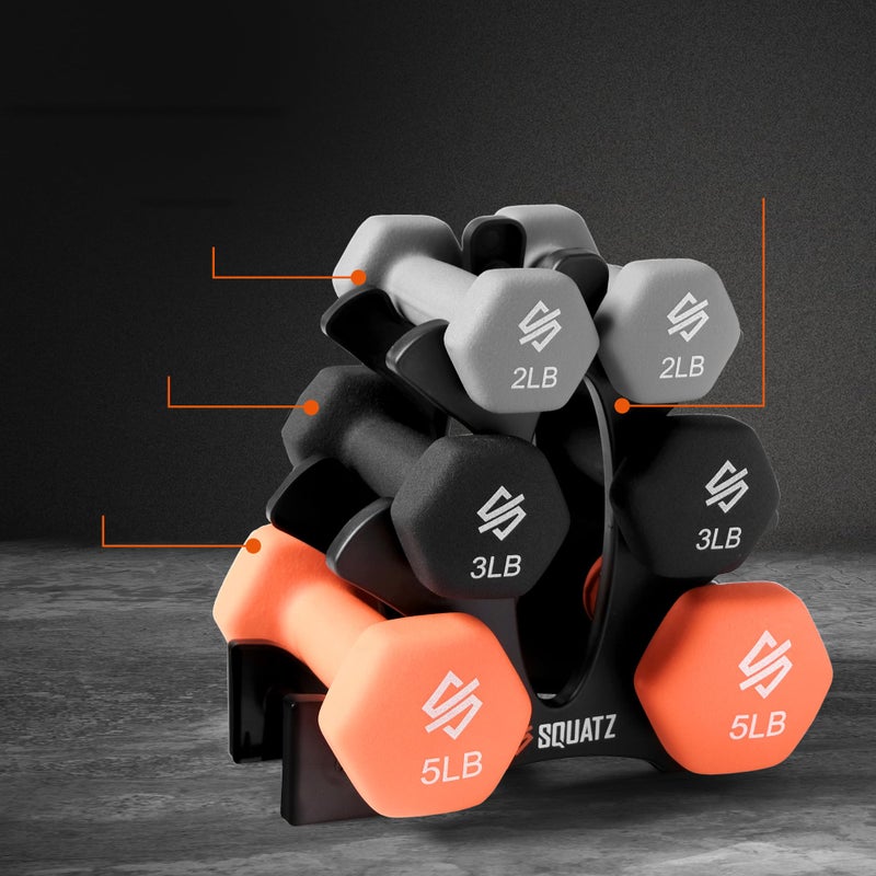 SQUATZ Dumbbell Weights Set with Stand, 20bs Neoprene Coated Weights, Hex Shape Anti Slip and Roll Dumbbells for Exercise, Training, Fitness, Yoga, 3 pairs( 3,5, 8Lbs Each) - Image 2