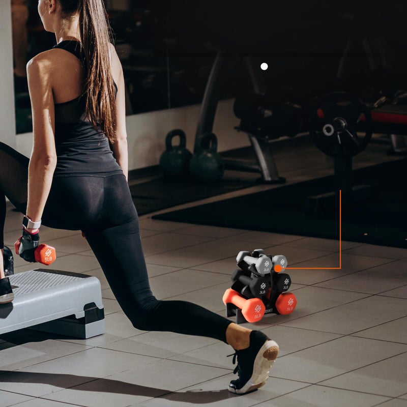 SQUATZ Dumbbell Weights Set with Stand, 20bs Neoprene Coated Weights, Hex Shape Anti Slip and Roll Dumbbells for Exercise, Training, Fitness, Yoga, 3 pairs( 3,5, 8Lbs Each) - Image 5