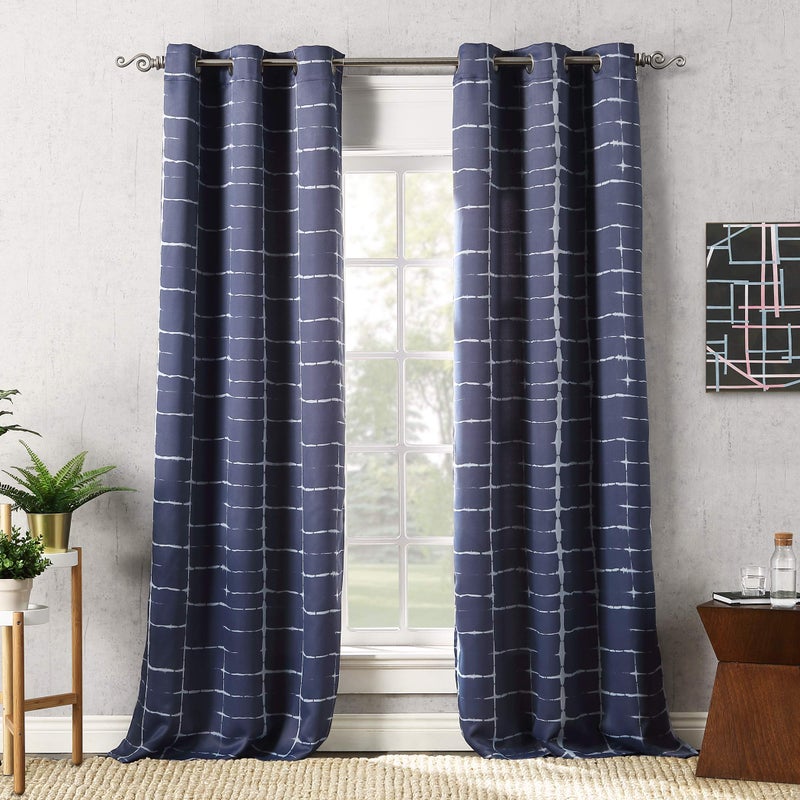 Sun Zero Saki Shibori Print Blackout Grommet Curtain Panel 40 x 84 Navy Blue