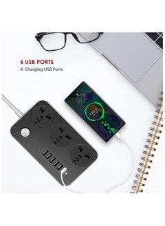 FARROBIZZ 3 Way Power Extension Cord, 3 Universal Plug, 6 USB Charging Ports 2 Meters Surge Protection Cable (Black)  - Image 5
