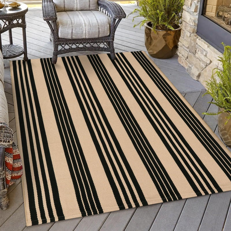 OJIA Outdoor Area Rugs 4'x6', Black and Tan Outdoor Rug Machine Washable Patio Rugs Cotton Hand Woven Entryway Rug Indoor Rugs for Bedroom/Porch/Deck/Backyard/Camping/Living Room - Image 1
