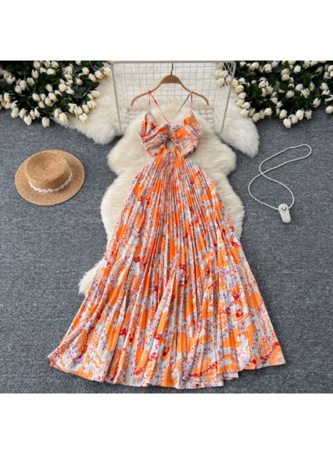 KUYING Hollow Neck Hanging Suspender High Waist Slimming Printed Pleated Long Skirt