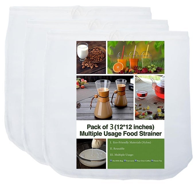 3 PACK ULTRA FINE NUT MILK BAG 12X12 INCHES 80 MICRON MULTIPLE USAGE REUSABLE FOOD STRAINER COLD BREW COFFEE BAG FOOD GRADE NYLON MESH BPAFREE CHEESECLOTH BAG YOGURT STRAINER JUICE FILTER