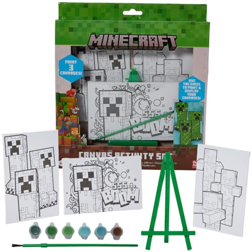 Innovative Designs Minecraft Canvas Paint Set for Kids with 3 Canvases Acrylic Paint Paintbrush Easel