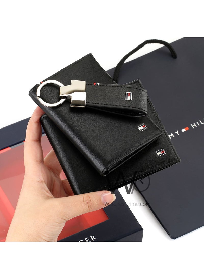 Tommy Icons مجموعة  محفظة تومي هيلفيغر بسلسلة مفاتيح وحامل بطاقات باللون الأسود للرجال من الجلد الطبيعي - Image 2