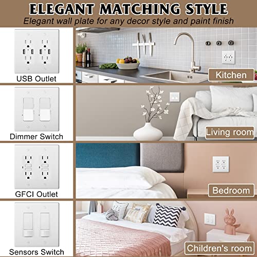 Anteer 2-Gang Decorator Wall Plates Switch Outlet Plate Cover for Light Switches, Smart Switch, Dimmers, GFCI, Receptacle, USB Outlet Standard Size 2-Gang 4.48" x 4.57" (Standard-Size, 4-Pack,White) - Image 4