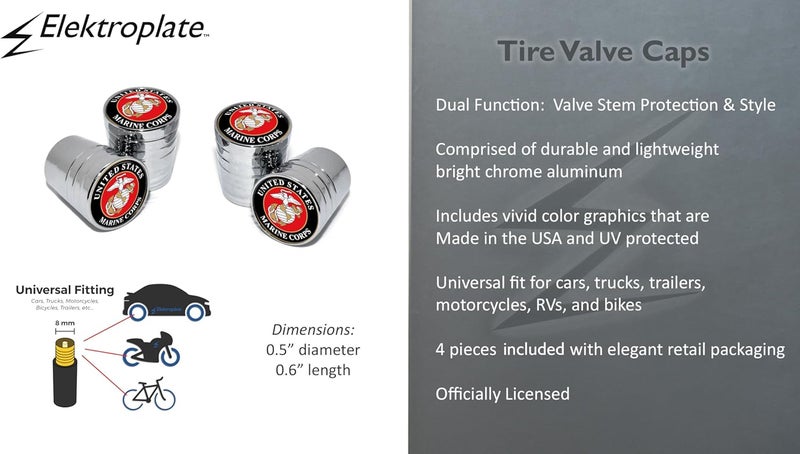 Elektroplate Officially Licensed United States Marine Corps Insignia Bright Chrome Aluminum Tire Valve Stem Caps | Universal Fit for Cars, Bikes, Trucks, RVs, Motorcycles, Trailers (Pack of 4) - Image 2