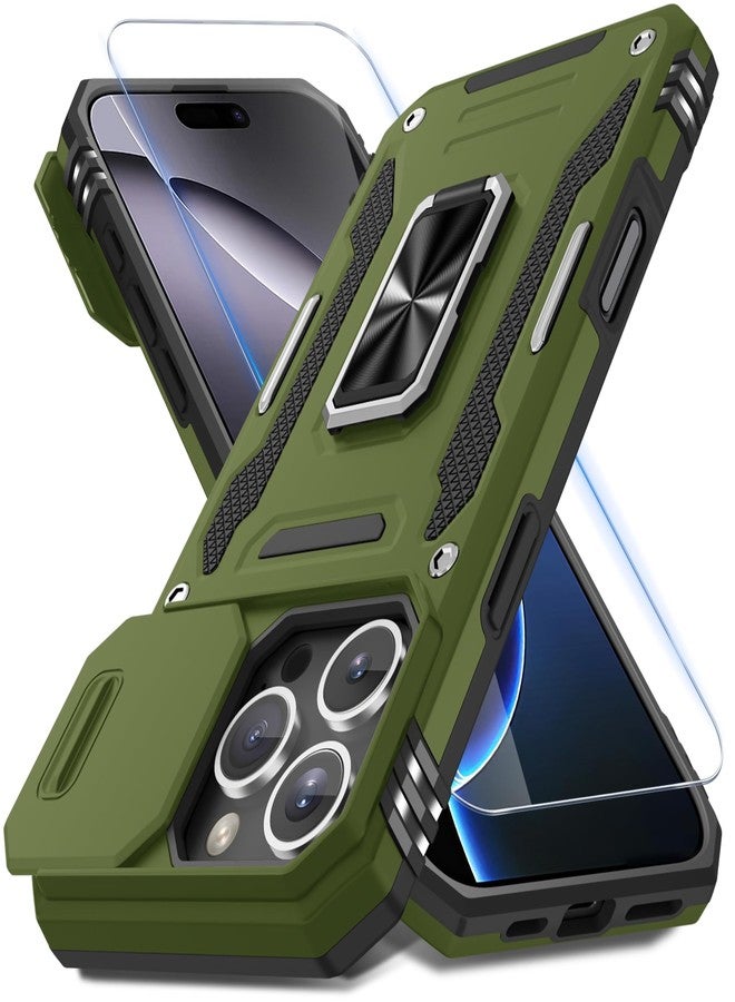 DEERLAMN Case for iPhone 16 Pro Max with Slide Camera Cover+Screen Protector (1 Pack), Rotated Ring Kickstand Military Grade Shockproof Protective Cover-Olive Green - Image 1