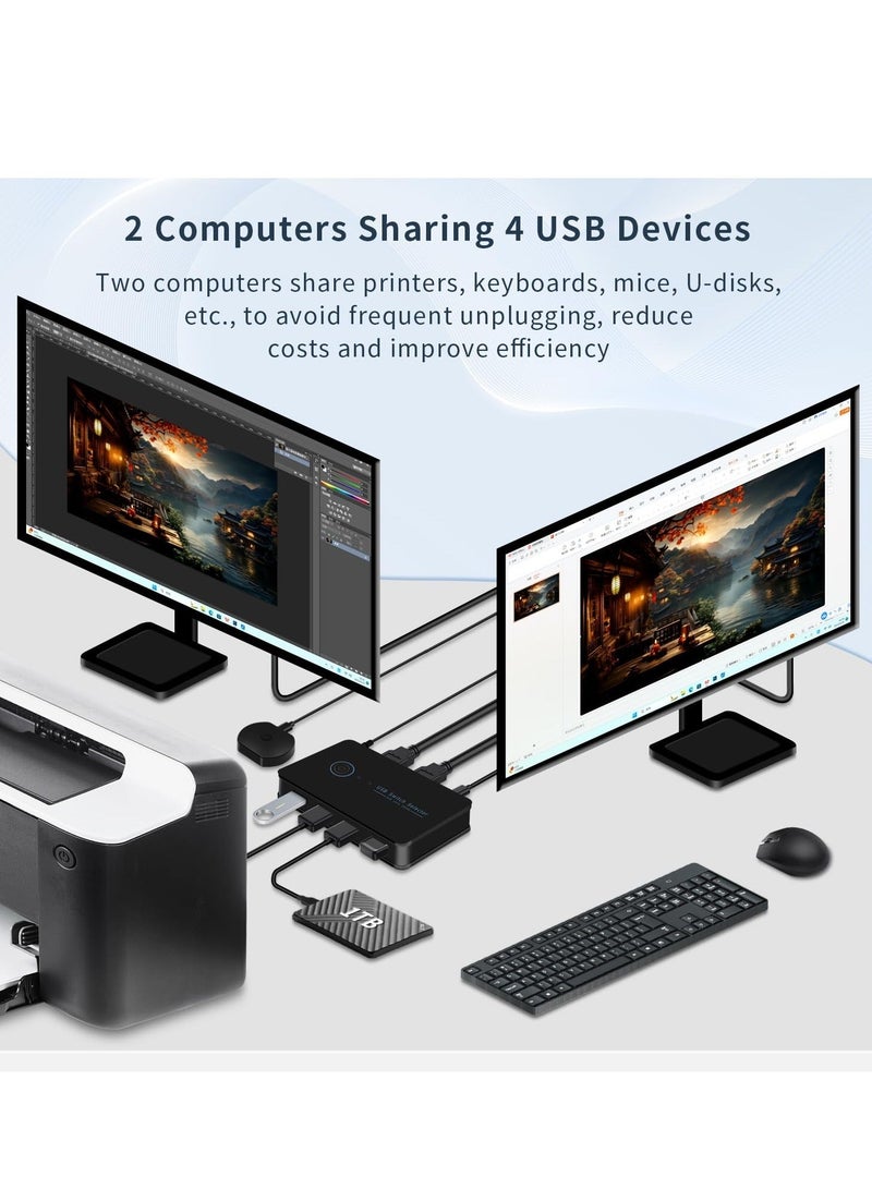 USB Switcher, 2 Computers Share 4 USB for PC Mouse Keyboard Printer Scanner, USB Switch Kvm USB 3.0 Switch Selector, Compatible with Windows, Mac, Linux