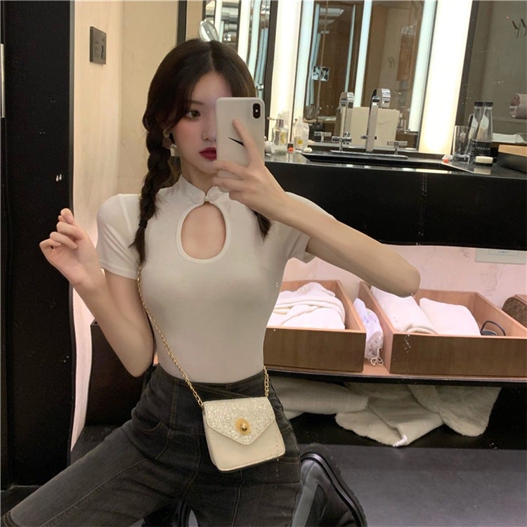 Retro Bow Cut Out Stand-Up Collar Short-Sleeved T-Shirt For Girls, Short Bottoming Shirt For Women, Tight-Fitting Top - Image 4