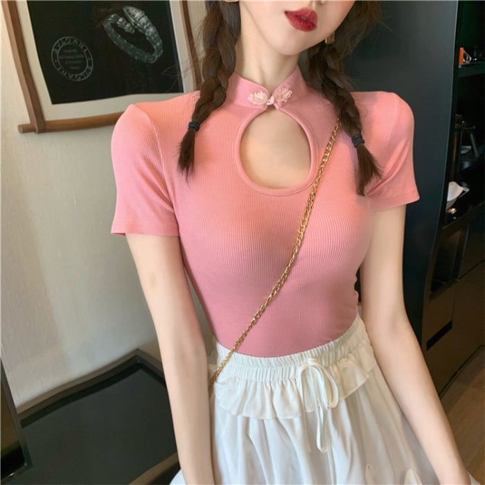 Retro Bow Cut Out Stand-Up Collar Short-Sleeved T-Shirt For Girls, Short Bottoming Shirt For Women, Tight-Fitting Top - Image 1