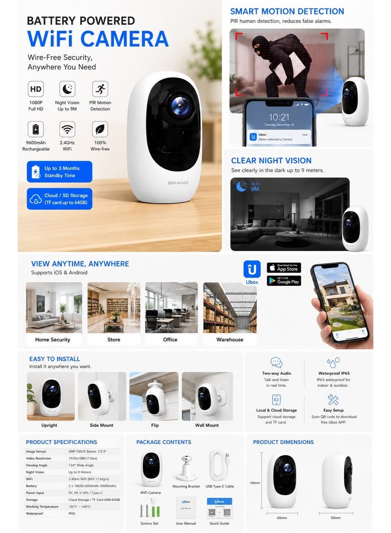 1080P Battery Powered WiFi Security Camera, Wireless Outdoor CCTV Surveillance Camera with Night Vision, AI Motion Detection, Two-Way Audio, IP65 Waterproof, Rechargeable Battery, Remote Viewing, Smart Home Security Camera for Home, Office & Farm - Image 2