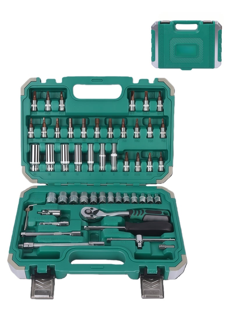 53-Piece Socket Wrench Set with 1/4" Ratchet Wrench in Plastic Tool Case for Auto Repair and Home Use, 72-Tooth S2 Style, (Green) - Image 1
