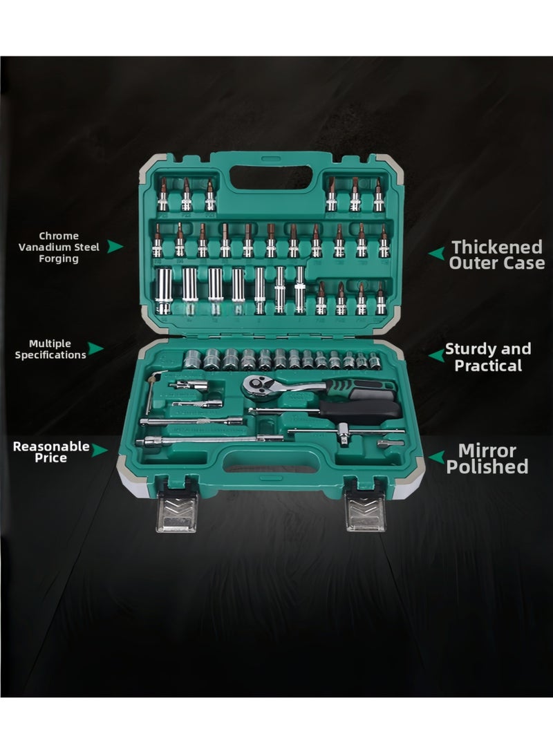 53-Piece Socket Wrench Set with 1/4" Ratchet Wrench in Plastic Tool Case for Auto Repair and Home Use, 72-Tooth S2 Style, (Green) - Image 3
