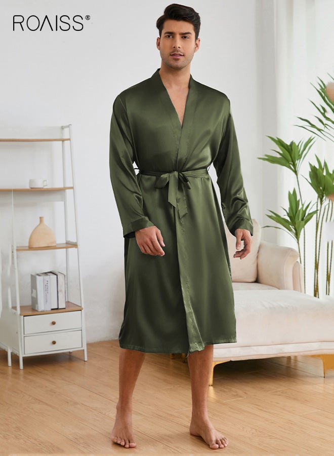 رويس طقم بيجامات رجالي من الحرير مكون من قطعتين، بيجامات ساتان بأكمام طويلة مع شورت، ملابس نوم، ملابس نوم مريحة، بيجامات بسيطة سادة مع حزام للرجال - Image 2