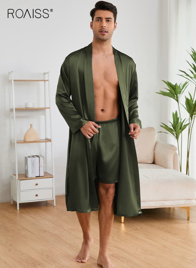 رويس طقم بيجامات رجالي من الحرير مكون من قطعتين، بيجامات ساتان بأكمام طويلة مع شورت، ملابس نوم، ملابس نوم مريحة، بيجامات بسيطة سادة مع حزام للرجال - Image 1