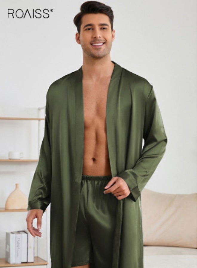 رويس طقم بيجامات رجالي من الحرير مكون من قطعتين، بيجامات ساتان بأكمام طويلة مع شورت، ملابس نوم، ملابس نوم مريحة، بيجامات بسيطة سادة مع حزام للرجال - Image 3