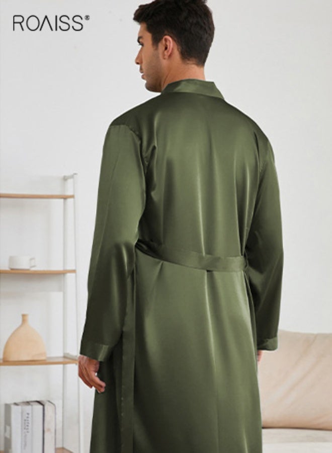 رويس طقم بيجامات رجالي من الحرير مكون من قطعتين، بيجامات ساتان بأكمام طويلة مع شورت، ملابس نوم، ملابس نوم مريحة، بيجامات بسيطة سادة مع حزام للرجال - Image 4