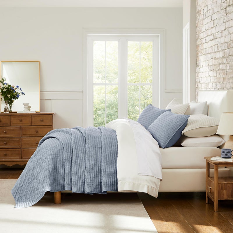 WDCOZY Chambray Pick Stitch King Size Quilt Set, Denim Blue Striped Lightweight Soft Summer Spring Bedspread, Bamboo Linen Like Textured Coverlet, Farmhouse Country Rustic Bedding, Thin Comforter - Image 4