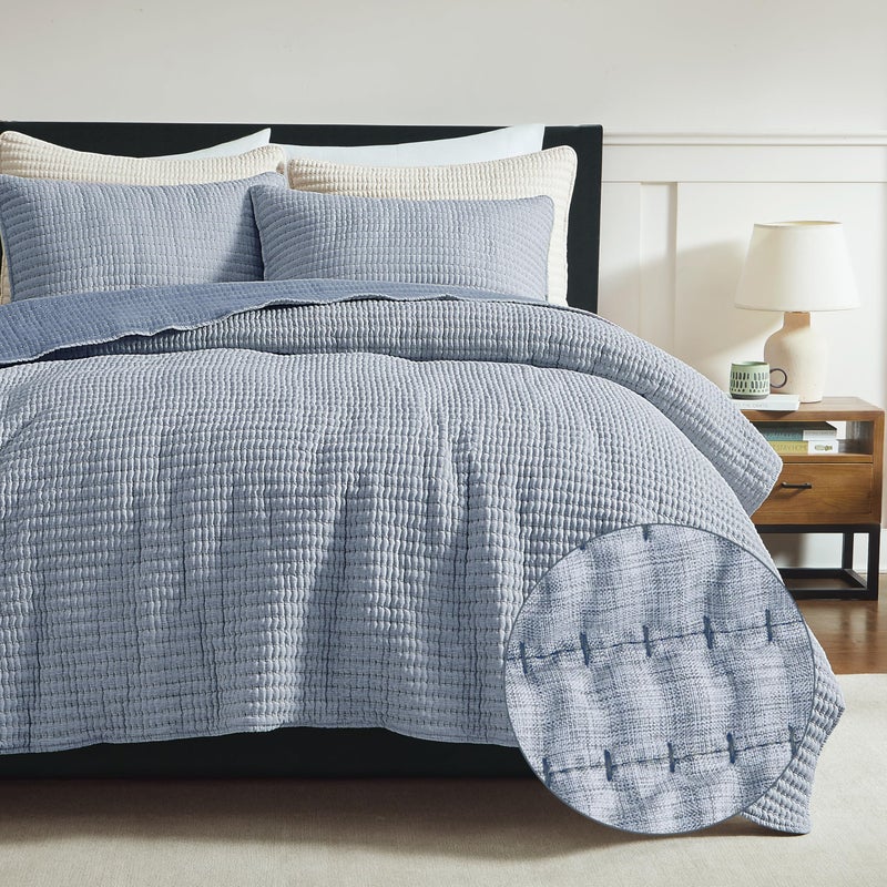 WDCOZY Chambray Pick Stitch King Size Quilt Set, Denim Blue Striped Lightweight Soft Summer Spring Bedspread, Bamboo Linen Like Textured Coverlet, Farmhouse Country Rustic Bedding, Thin Comforter - Image 2