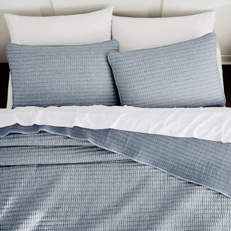 WDCOZY Chambray Pick Stitch King Size Quilt Set, Denim Blue Striped Lightweight Soft Summer Spring Bedspread, Bamboo Linen Like Textured Coverlet, Farmhouse Country Rustic Bedding, Thin Comforter - Image 1