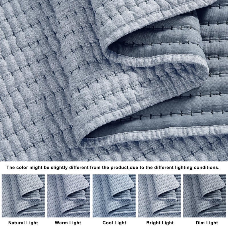 WDCOZY Chambray Pick Stitch King Size Quilt Set, Denim Blue Striped Lightweight Soft Summer Spring Bedspread, Bamboo Linen Like Textured Coverlet, Farmhouse Country Rustic Bedding, Thin Comforter - Image 5