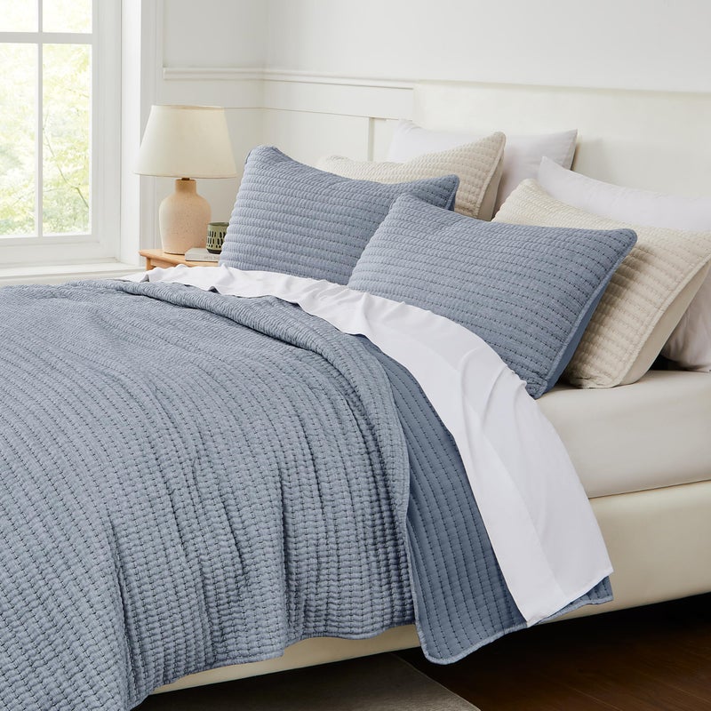 WDCOZY Chambray Pick Stitch King Size Quilt Set, Denim Blue Striped Lightweight Soft Summer Spring Bedspread, Bamboo Linen Like Textured Coverlet, Farmhouse Country Rustic Bedding, Thin Comforter - Image 3