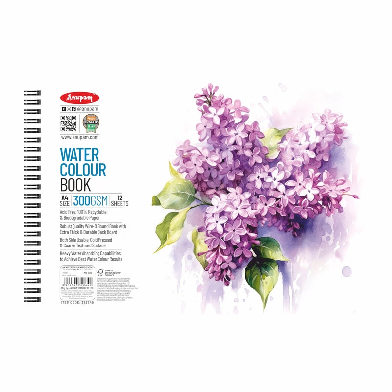 Anupam Artists Watercolour Wire-O Book 300 GSM Cold Pressed A4 24 Pages for Watercolour, Gouache, Ink, Acrylic, Wet & Mixed Media, Art Painting, Drawing for Artists & Amateurs - Image 5