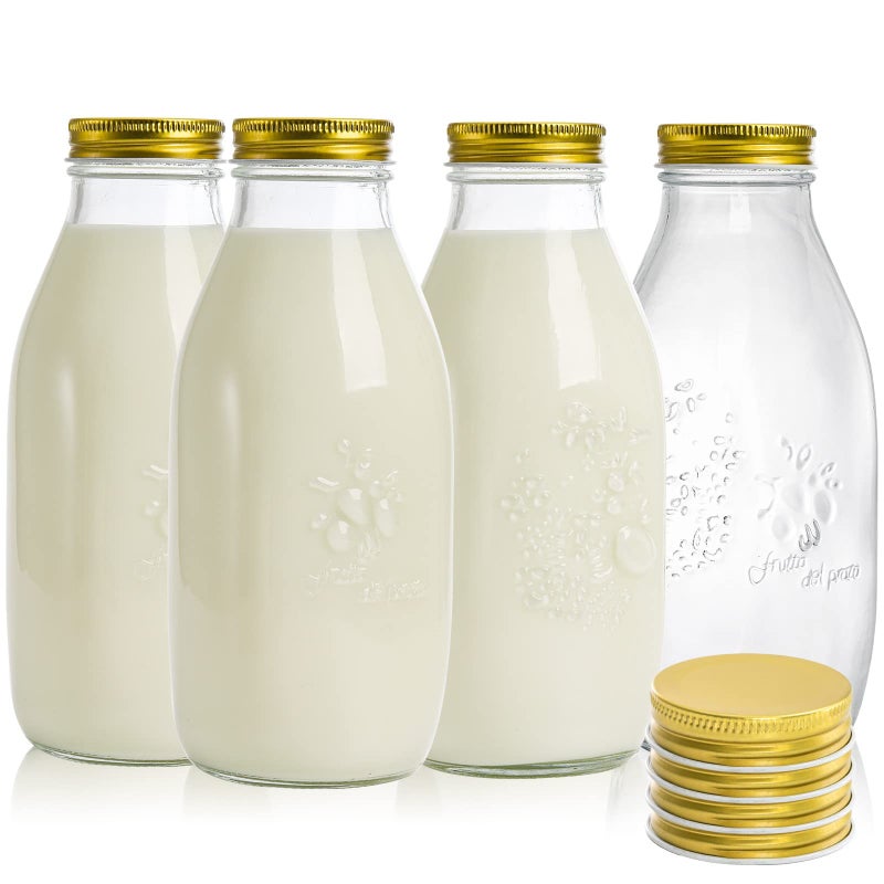 ZOOFOX 4 Pack 32 oz Glass Milk Bottle with Lids Vintage Milk Container for Refrigerator Glass Juice Bottles Reusable Dairy Drinking Containers for Almond Milk Yogurt Smoothies Maple Syrup Jam
