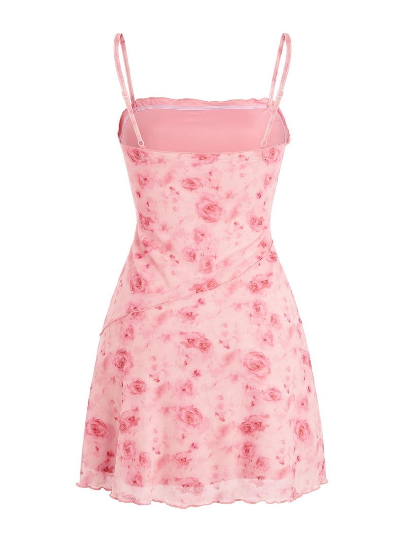 Verdusa Women's Mini Dress Floral Spaghetti Strap Mesh Short Dresses Going Out Sundress Y2k Gothic Clothes Pink Medium - Image 2