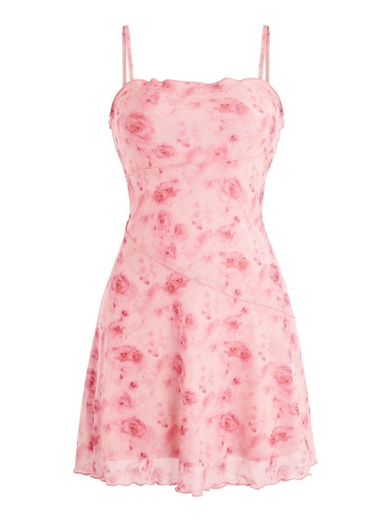 Verdusa Women's Mini Dress Floral Spaghetti Strap Mesh Short Dresses Going Out Sundress Y2k Gothic Clothes Pink Medium - Image 1