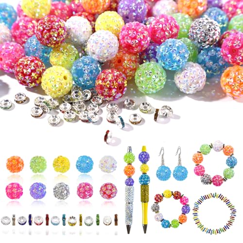 DASTTUIS 20mm Beads for Pens 20 Pcs Rhinestone Beads and 220 Pcs Spacer Bead for Beadable Pens Snowflake Glitter Bubblegum Bling Focal Bead for Bracelets Beaded Pen Supplies Colorful - Image 1
