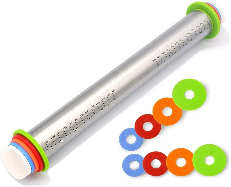ZIPRON Stainless Steel Rolling Pin with Thickness Rings for Fondant Pizza Cookie Pastry PieRoller Rod for Dough ThicknessRolling Pin for Baking 136 with 4 Thickness Rings - Image 1