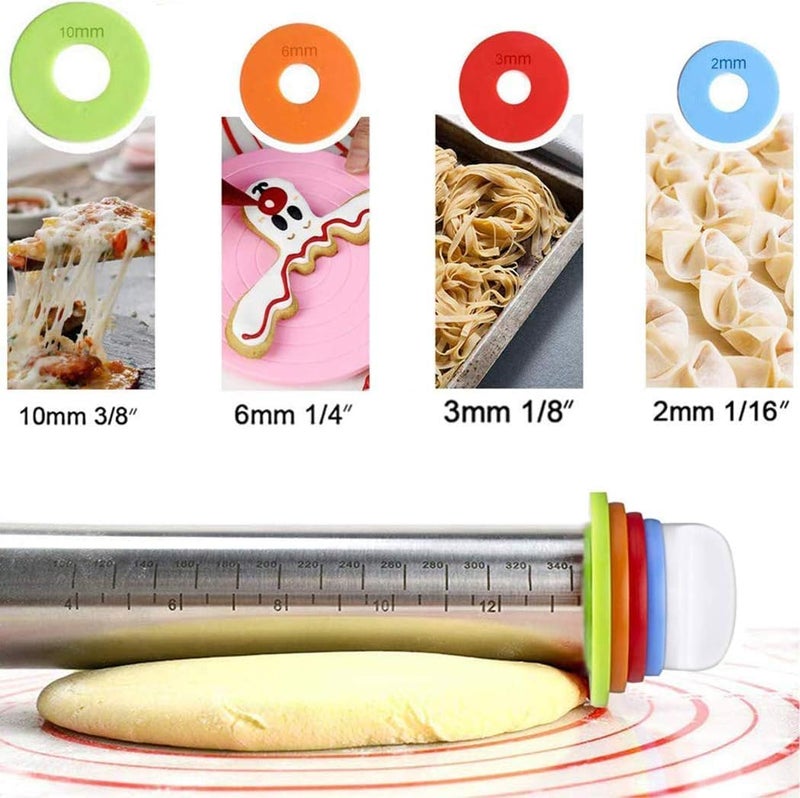 ZIPRON Stainless Steel Rolling Pin with Thickness Rings for Fondant Pizza Cookie Pastry PieRoller Rod for Dough ThicknessRolling Pin for Baking 136 with 4 Thickness Rings - Image 3