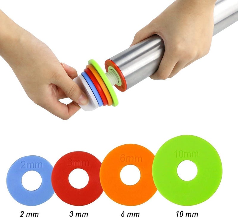ZIPRON Stainless Steel Rolling Pin with Thickness Rings for Fondant Pizza Cookie Pastry PieRoller Rod for Dough ThicknessRolling Pin for Baking 136 with 4 Thickness Rings - Image 2