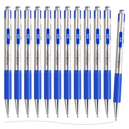 M.G أقلام حبر جاف M&G، أقلام حبر أزرق نقطة متوسطة 0.7 مم، أقلام حبر جاف قابلة للسحب بكميات كبيرة تدوم طويلاً مع كتابة سلسة ومقبض مضاد للانزلاق لتدوين الملاحظات ولوازم المكتب والمدرسة للنساء والرجال (12 عبوة) - Image 1
