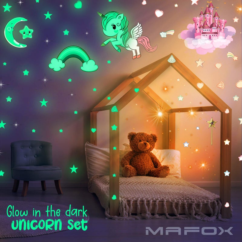 MAFOX Glow in The Dark Stars, Glowing Unicorn Sets with Castle Moon and Rainbow Wall Decals for Kids Bedding Room, Great for Birthday Gift Wall Mural Stickers for Girls and Boys - Image 2