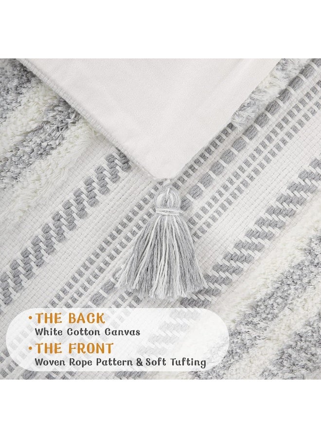 decorUhome decorUhome Decorative Boho Throw Pillow Covers 18x18  Accent Neutral Tufted Pillow Covers for Couch Bed Sofa  Textured Striped Woven Pillow Covers  Grey and Cream White  Pack of 1 - Image 3