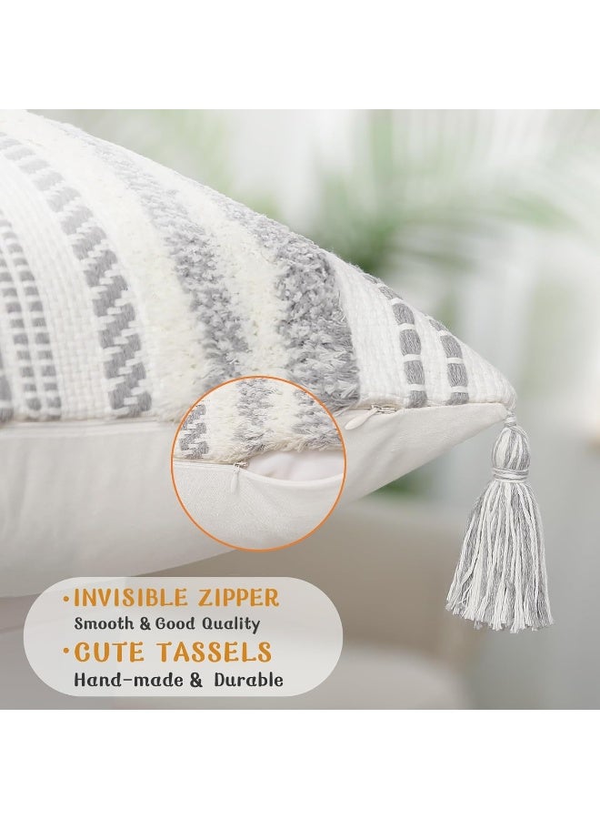 decorUhome decorUhome Decorative Boho Throw Pillow Covers 18x18  Accent Neutral Tufted Pillow Covers for Couch Bed Sofa  Textured Striped Woven Pillow Covers  Grey and Cream White  Pack of 1 - Image 2