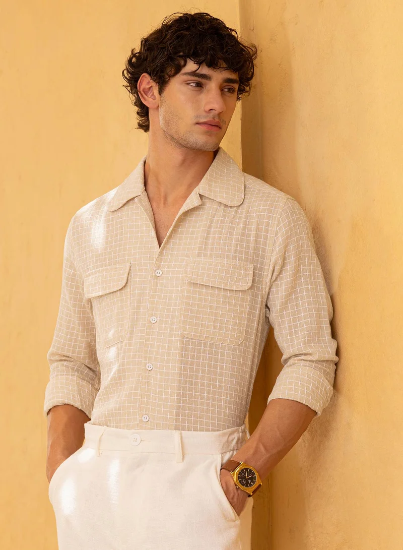CAHOOT Men's Beige Self Design Regular Shirt For Casual Wear | Collared Neck | Long Sleeve | Button Closure | Cotton Shirt Crafted With Comfort Fit For Everyday Wear