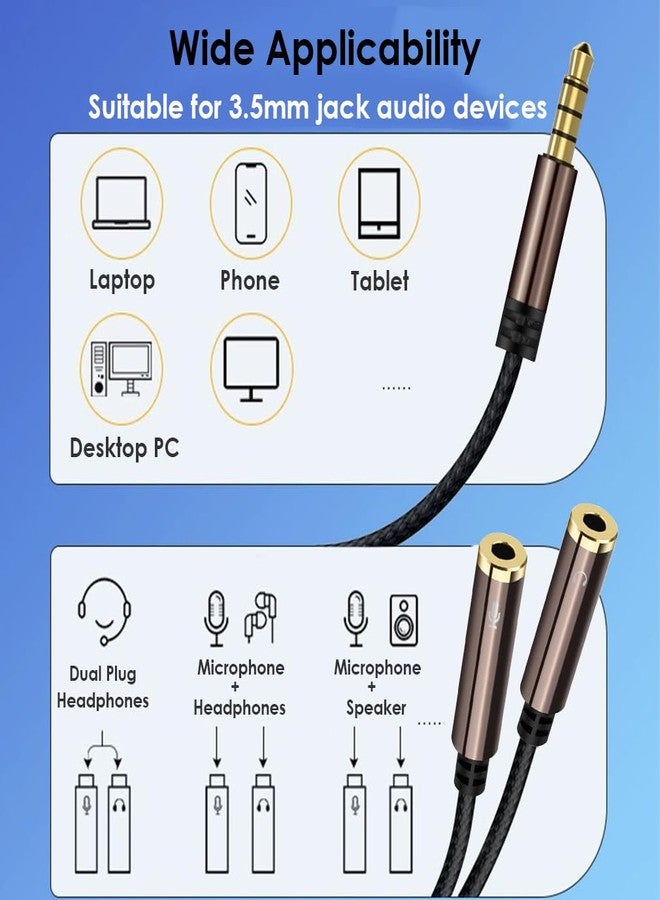 Mepsies Headphone Splitter, 3.5mm Aux Plug to Dual Jack Headphone Mic Adapter, Stereo Audio Microphone Y Splitter Extension Cable for Laptop, Smartphone, Tablet, Headset, Speaker and More - Image 2